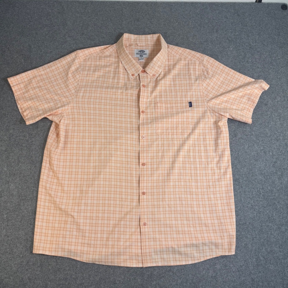 AFTCO Mens XL Peach Plaid Short Sleeve Button Down Fishing Shirt 100% Polyester